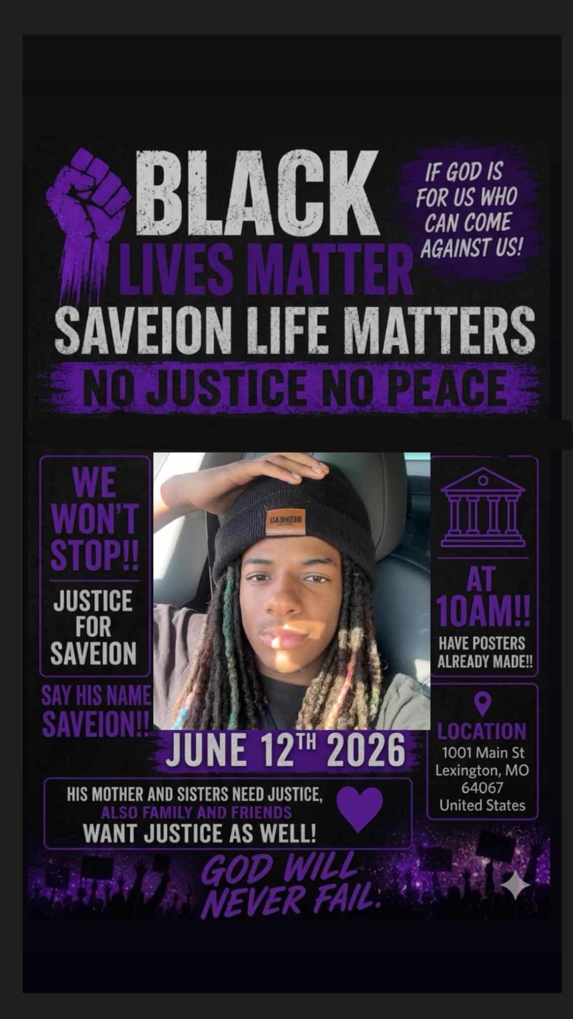 Poster for the June 12 rally for Saveion McConnell in Lexington, Missouri.