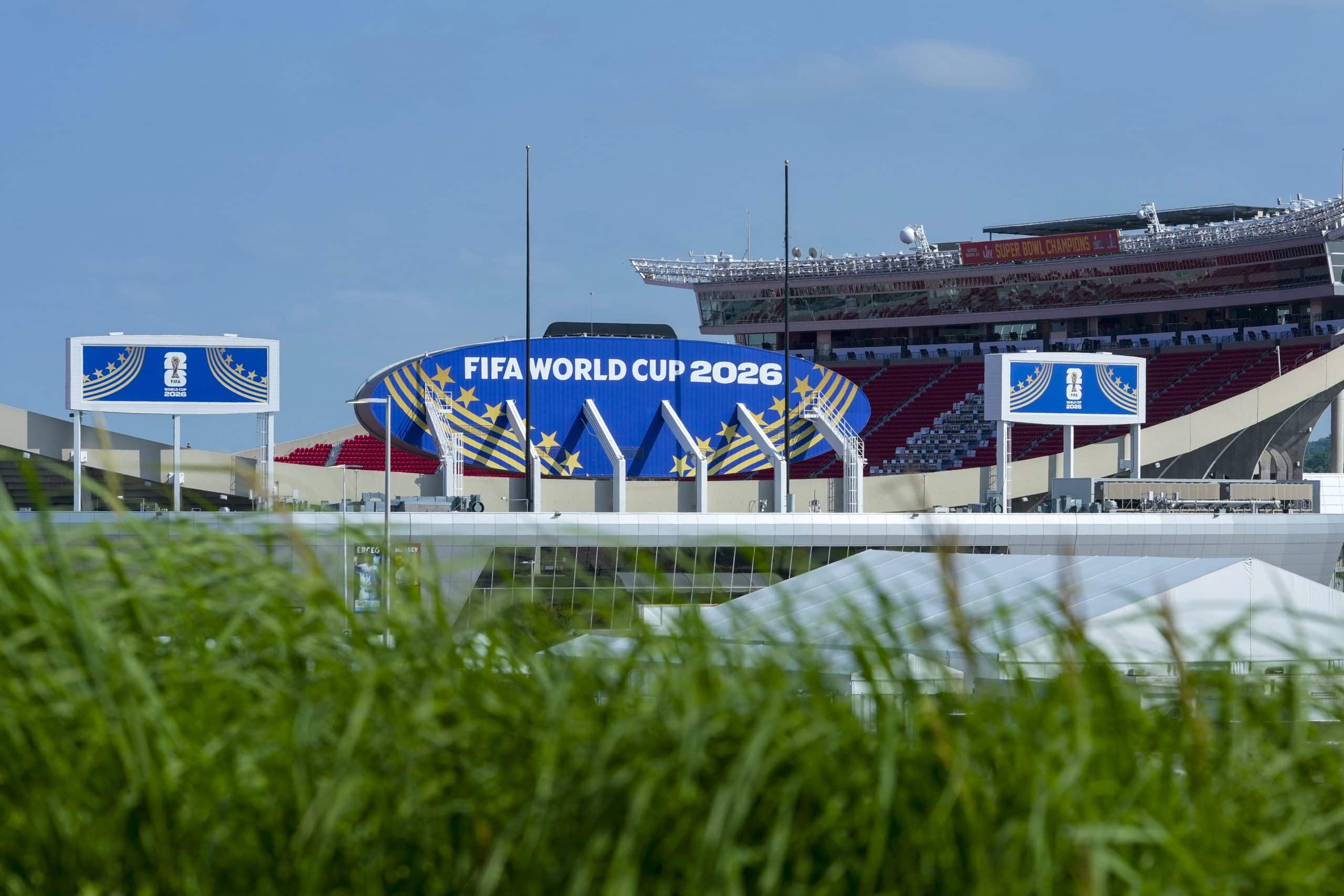 An image of Arrow Head Stadium with a huge "Fifa World Cup 2026" sign.