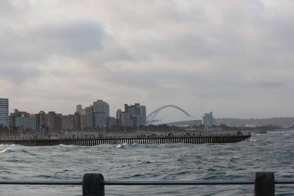Moses Mabhida Stadium, built for the 2010 FIFA World Cup, rises above the Durban skyline