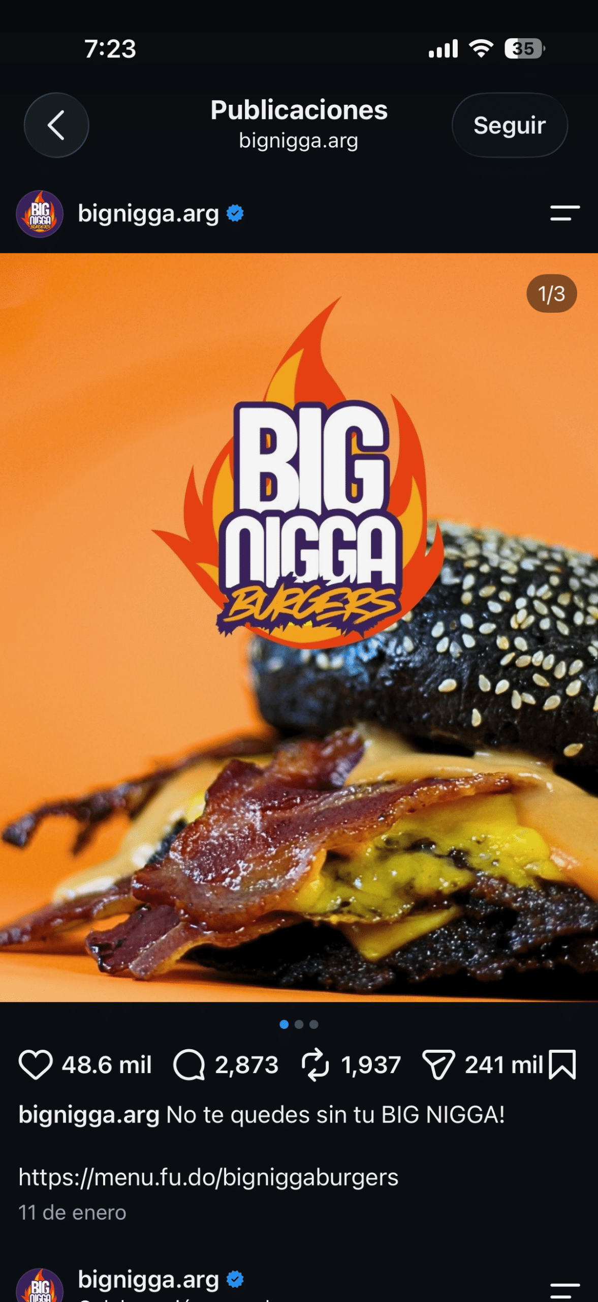 Screenshot of the restaurant's social media marketing