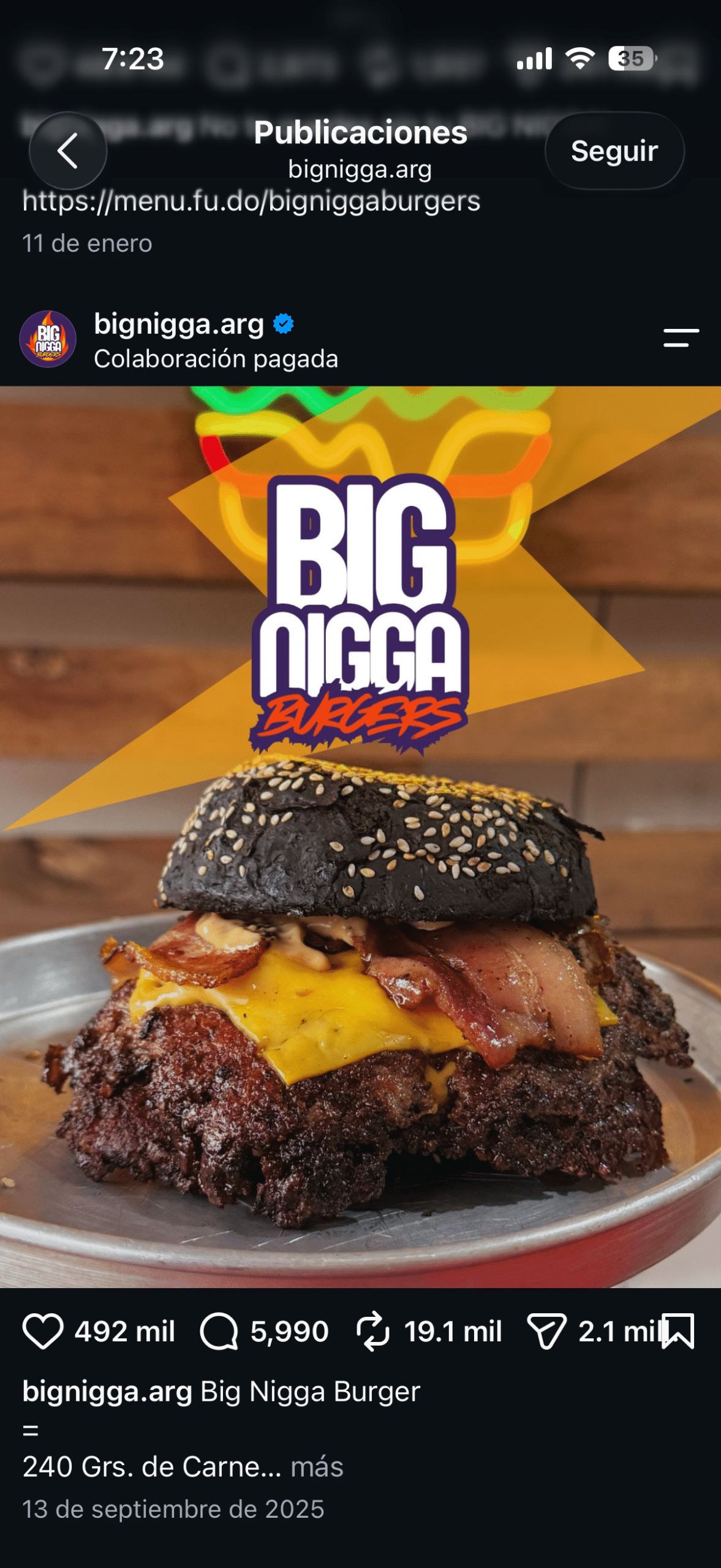 Screenshot of the restaurant's social media marketing