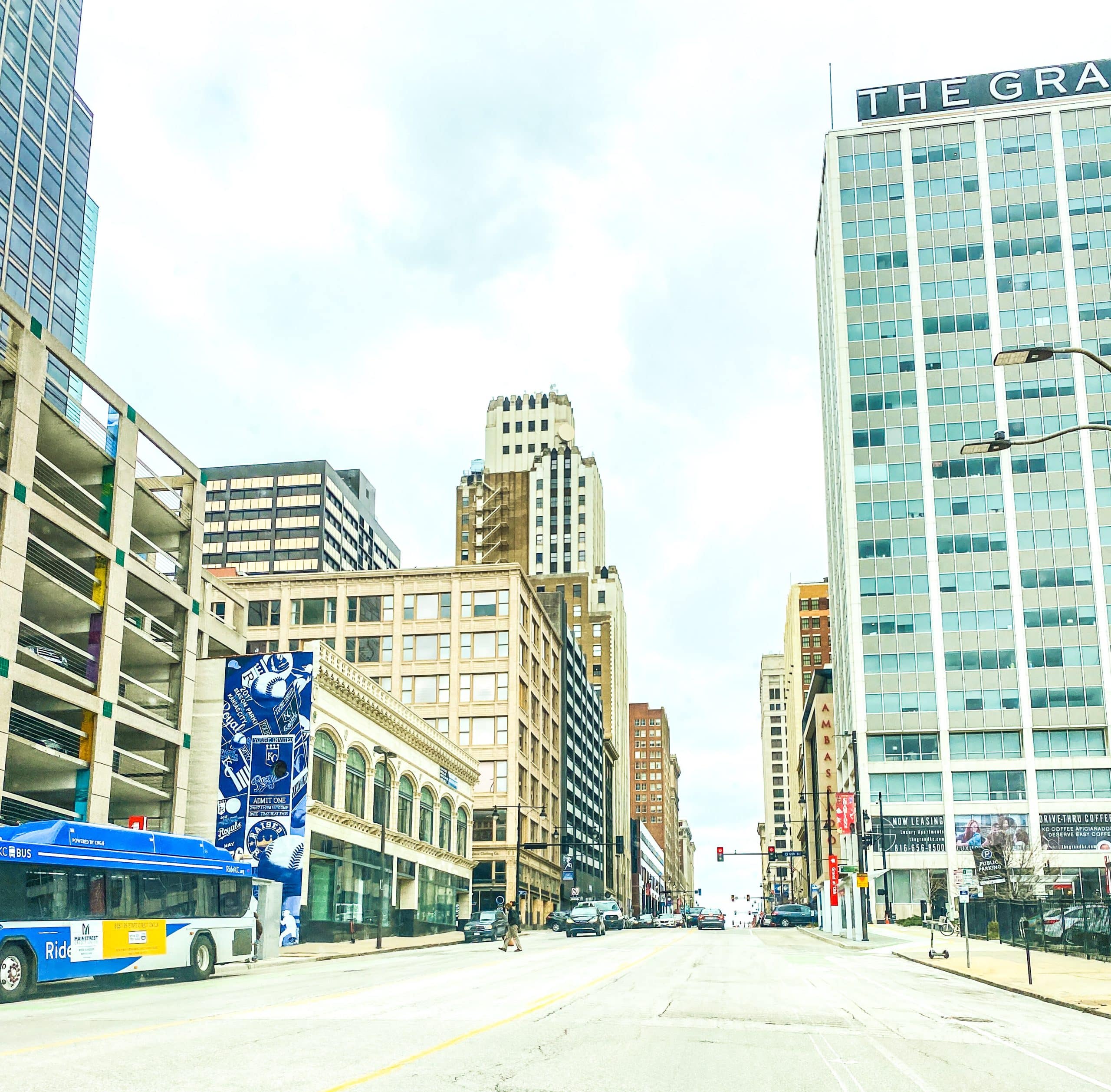 A RideKC bus drives through downtown Kansas City, Missouri.