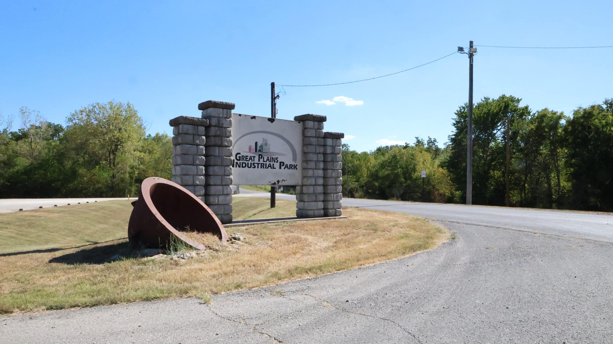 The stone entrance to the industrial park near Parsons.