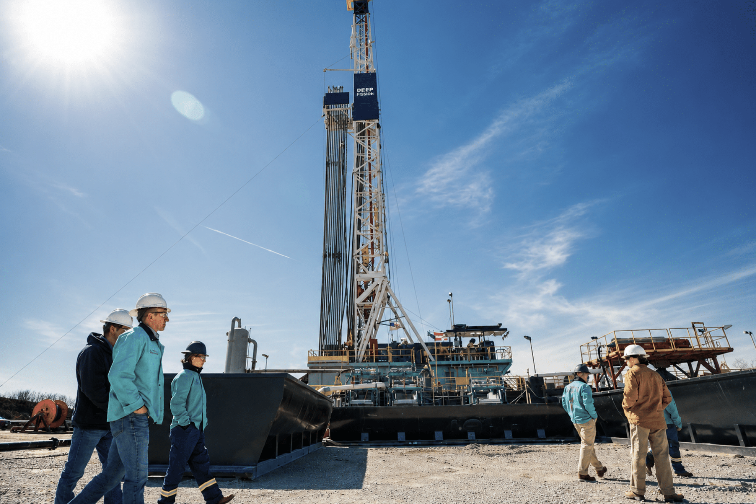 Workers walk past the drill rig at the Parsons site.