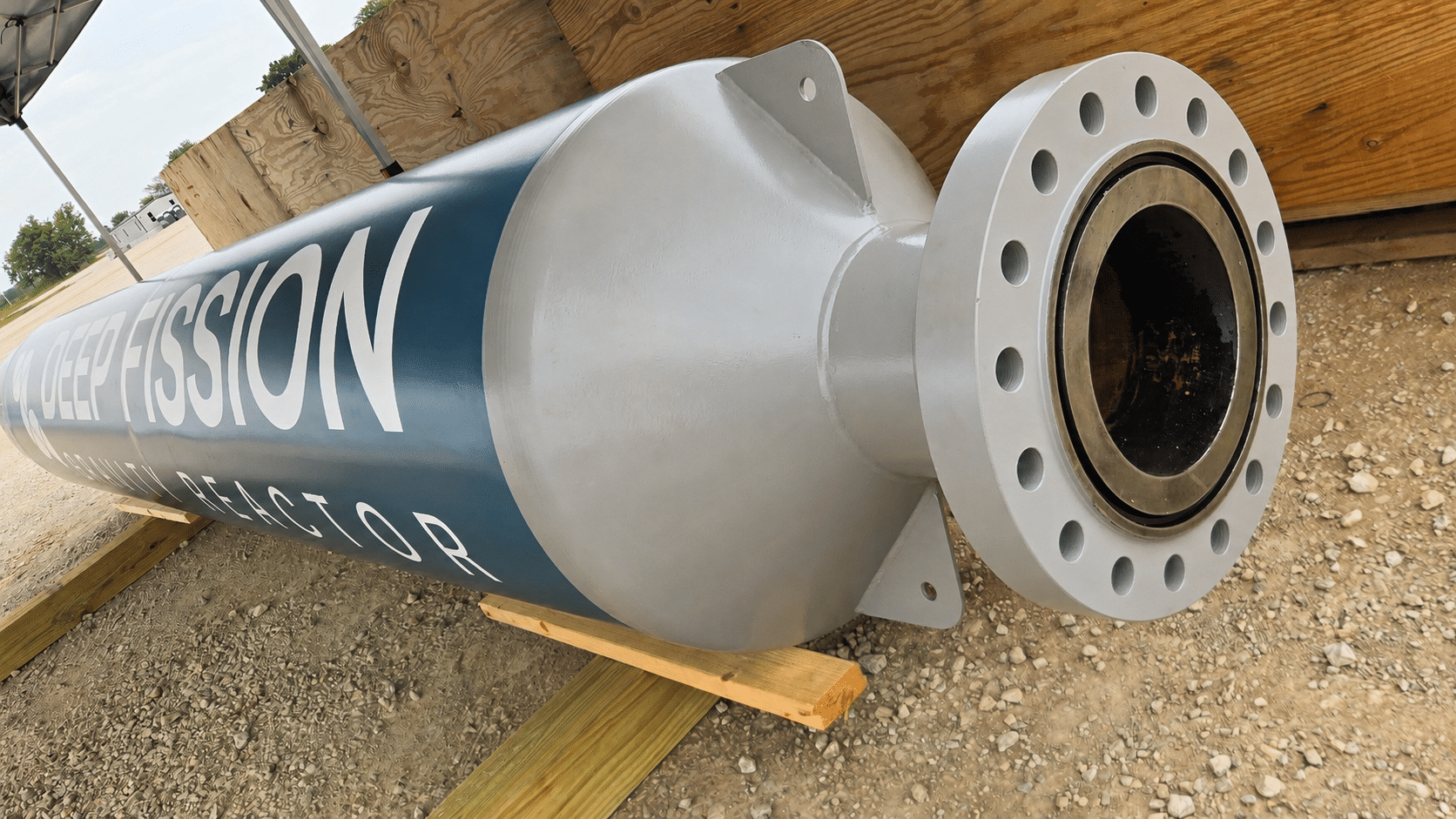 The reactor canister seen end-on, bolted flange facing the camera.
