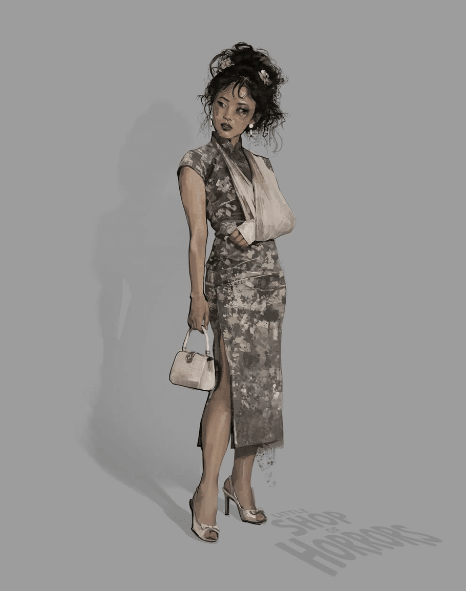 Costume illustration by Keyon Monté for Little Shop of Horrors: Audrey in a mottled cheongsam with her arm in a sling, holding a small white handbag
