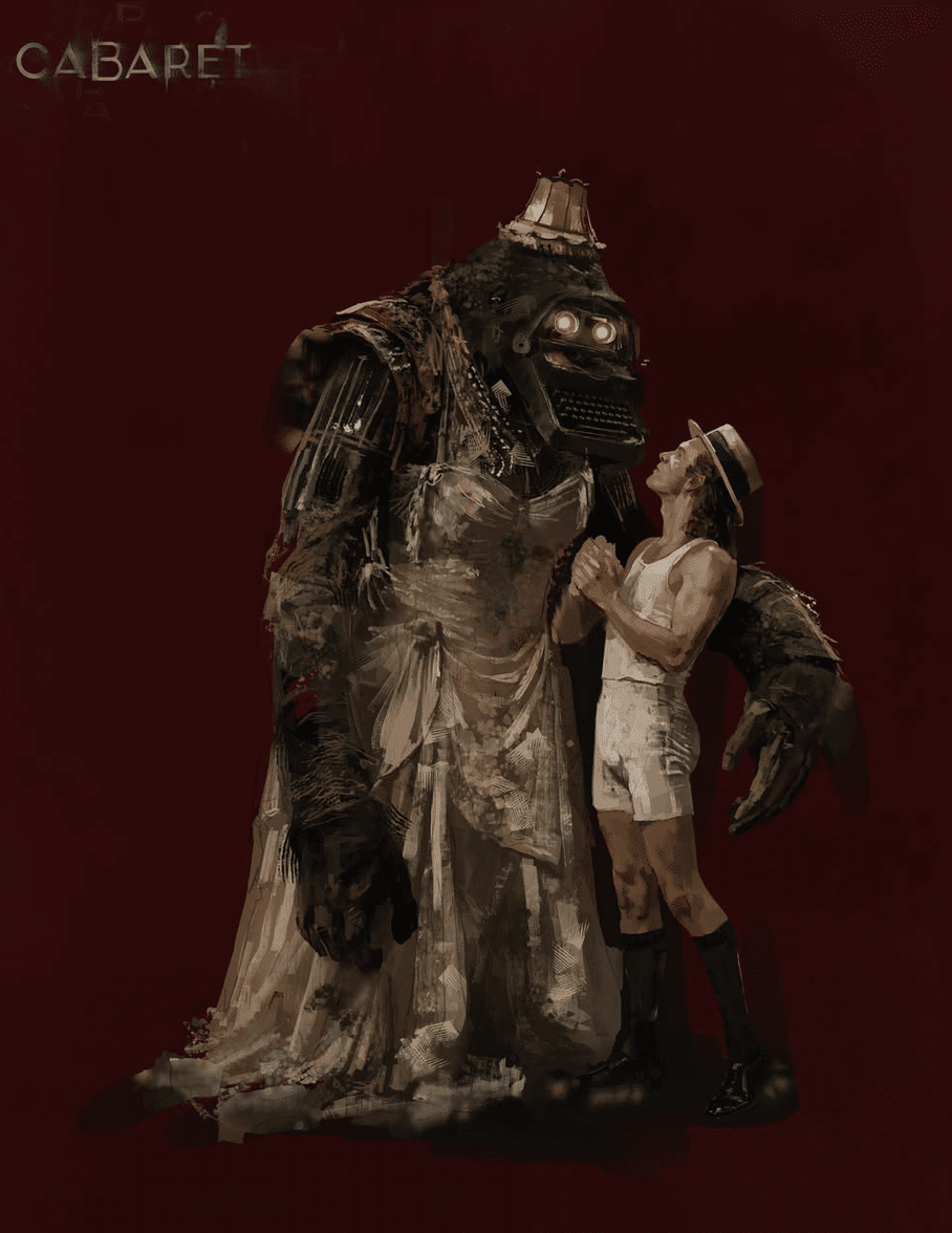 Costume illustration by Keyon Monté for Cabaret: a towering, decayed gorilla in a tattered wedding gown beside the Emcee in an undershirt and boater hat